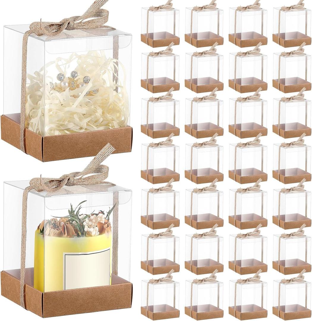 36 Set 3.5 x 3.5 x 4.3 in Candle Gift Package Valentine's Transparent Box 4-18 oz Handmade Tealight Candle Holder Paper Bottom Ribbon for Wedding Baby Shower Party Mug(Kraft Color), 1 count