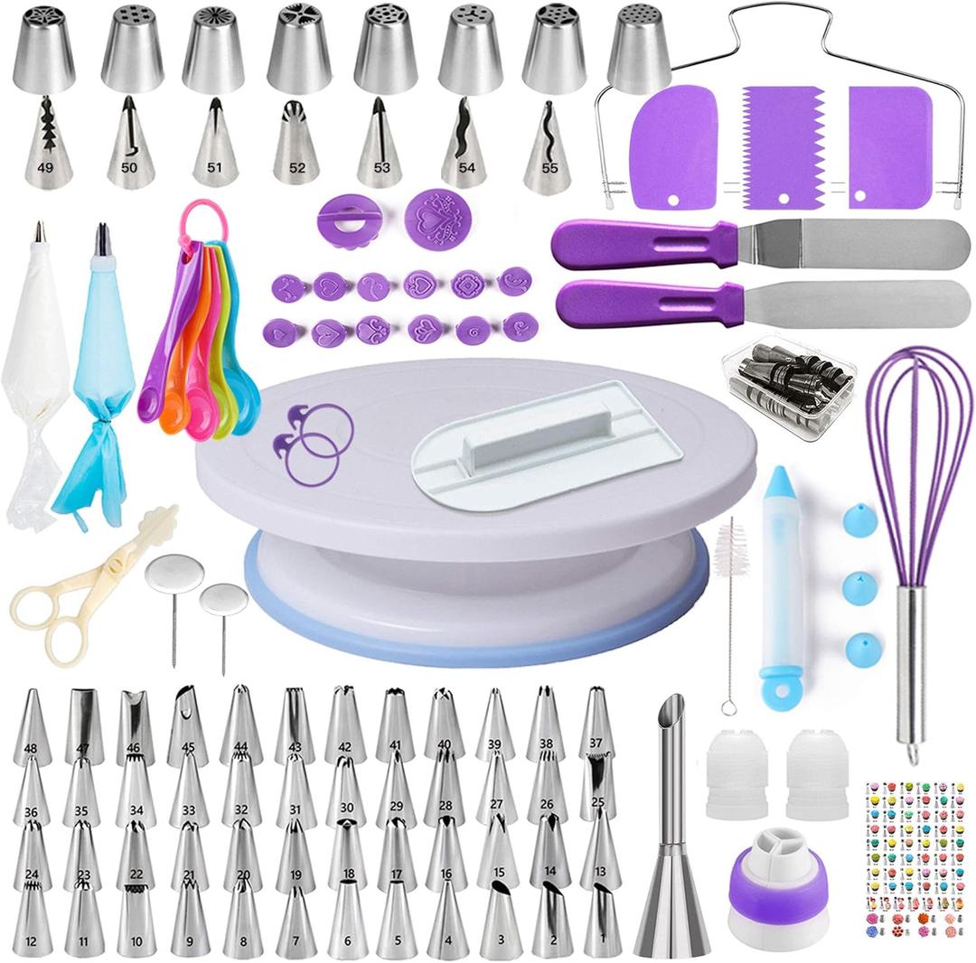 Boyun Cake Decorating Kit, 137pcs Cake Decorating Supplies With Cake Turntable For Decorating, Pastry Piping Bag, Russian Piping Tips Tools, Baking Supplies For Beginners (Purple)