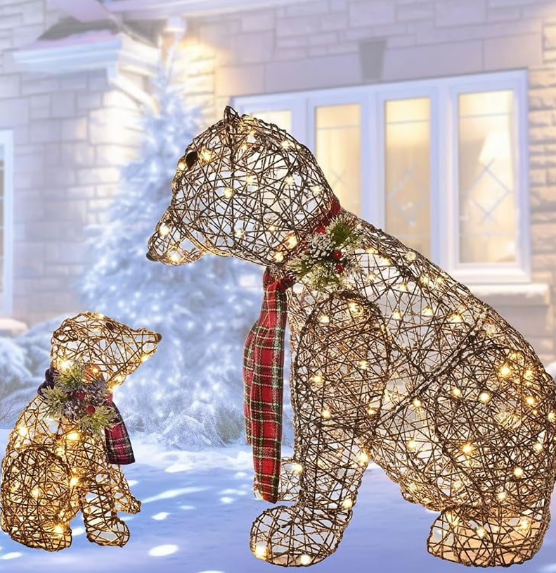 Lighted Rattan Polar Bear Family 2PCS - Large All-Weather Light Up Outdoor Christmas Décor for Front Yard and Lawn with 140 LED Lights, Zip Ties, Extension Cord, and Ground Stakes