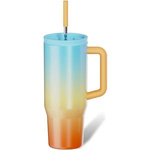 40 oz Tumbler with Handle & Straw Lid  Insulated Stainless Steel Water Bottle, Leakproof Travel Mug  Fits Cup Holder  Hot/Cold Drink Thermos  Ideal Gift for Men & Women (Blue and Brown)