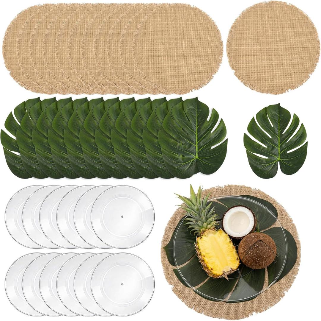 48 Pcs Palm Leaf Placemat Plate Set Tropical Party Decor Luau Havana Night Artificial Monstera Tree Round Burlap Tablemat Name Card Dinnerware for Summer Hawaiian Jungle Wedding Birthday