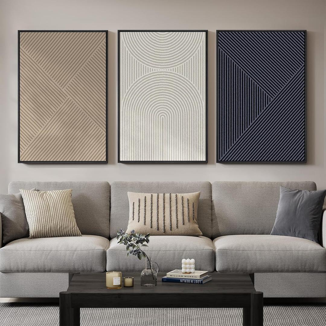 Large Framed Neutral Abstract Wall Art for Living Room, 3 Piece Modern Canvas Prints Paintings, Beige and Deep Blue Minimalist Geometric Pictures for Hallway Dining Bedroom Office Wall Decor 24x36 In, 24" W X 36" H X 3pcs