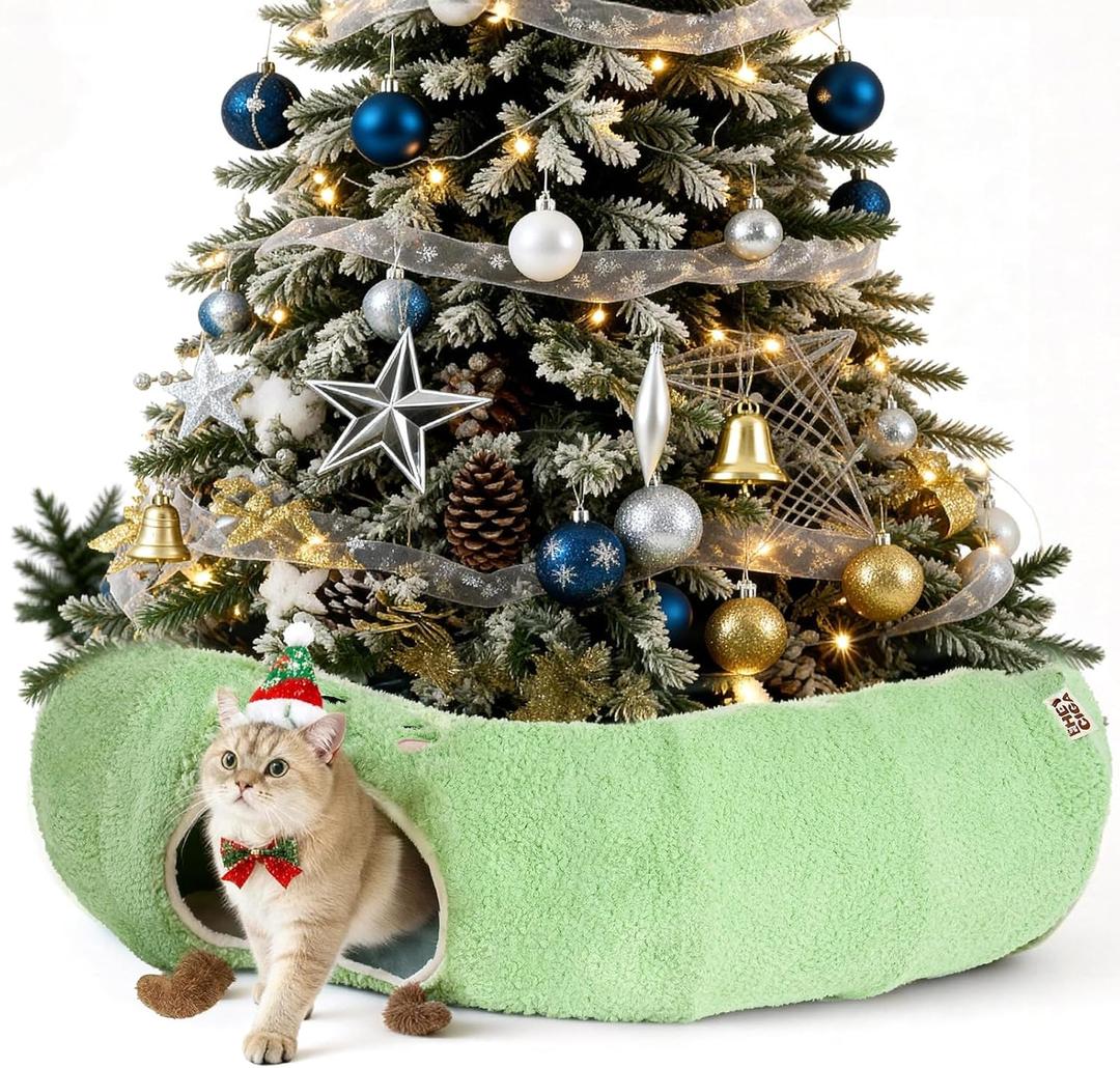 EHEYCIGA Cat Tunnel Bed for Indoor Cats, Cute Cat Donut Toy Tunnel for Small Large Cats with Washable Circle Cushion, Peekaboo Pet Cave Play Tunnel for Kitten, Puppy, Rabbit (Green)