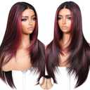 BrownBomb Burgundy Pink Highlights Face Framing Layered Wig Pre-Cut Pre-Plucked Hairline Pre-Colored Pre-Styled Synthetic Lace Wig Ready to Wear 26inch Wig for Beginners