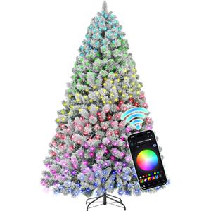 HOLLO STAR 7.5 ft Flocked Prelit Christmas Tree with 503 LED Lights, App Control, Artificial Christmas Tree, Multi-Color RGBW Lights, 1355 Branch Tips, Snow Xmas Tree, for Home, Party