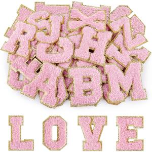 Morcheiong 52Pcs Self Adhesive Chenille Letter Patches A-Z, Chenille Letters for Clothing, Fabric, Shoes, Bags (Light Pink)