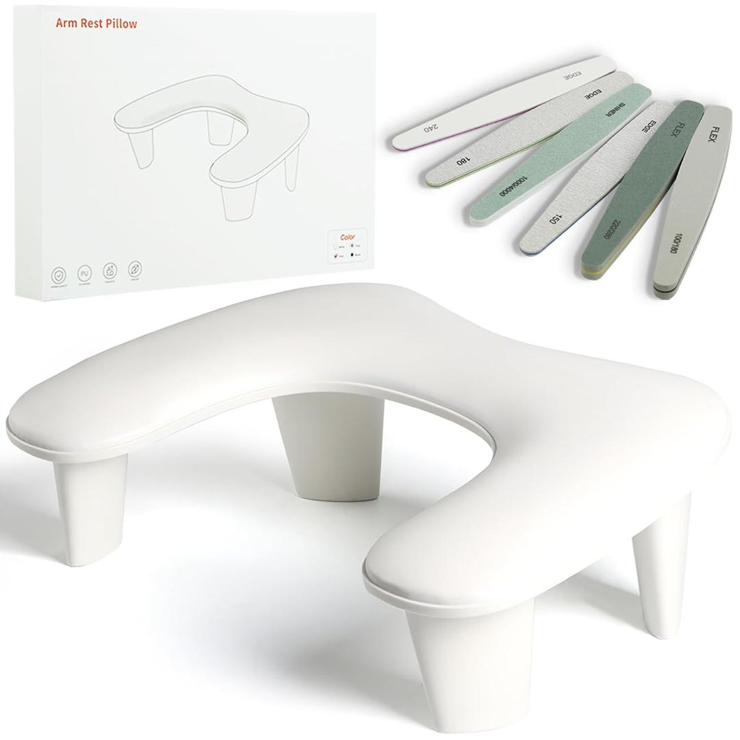 Two Hands Arm Rest for Nails Tech U-Shape Nail Hand Pillow with 6Pcs Nail Files Professional Portable Nail Stand Hand Rest Leather Manicure Rest Stand Salon Manicurist Essentials (White)