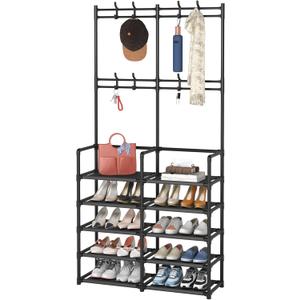Laiensia 5-Tier Entryway Coat Rack, Coat and Shoe Rack, Entryway Bench Storage Organizer with 8 Hooks for Bedroom, Hallway, Office, Black