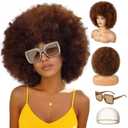 Colored Afro Wigs for Women Men 70s and Disco Sunglasses Set, Funny Wig with Curly Bouncy Huge Fluffy Puff and Oversize Retro Rhinestone Sunglasses - for Costume Cosplay Party (Brown)
