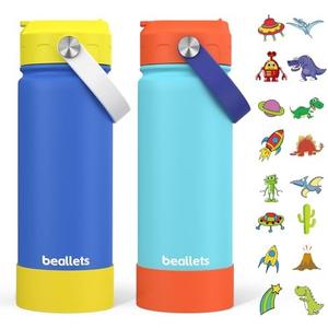 Beallets 2-Pack Kids Water Bottle, 18oz Toddler Insulated Bottles with Stickers, 18/8 Stainless Steel Leak-Proof Kids Straw Cup for School, Gifts for Boy(OrangeBlue + YellowBlue)