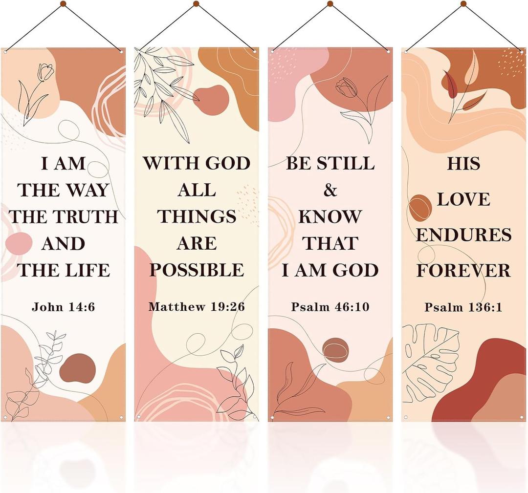 4PCS Church Banners for Sanctuary Wall - 2x6ft Oxford Cloth Inspirational Christian Banner with Bohemian Lines Flower Design, Worship Decorations