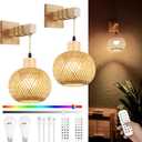 Frideko Bamboo Rechargeable Wall Sconces Set of Two with Remote, RGB 15 Colors Dimmable Battery Operated Wall Light, Rattan Indoor Wireless Wall Lamp with 3 Timer, Boho Wall Lighting for Bedroom