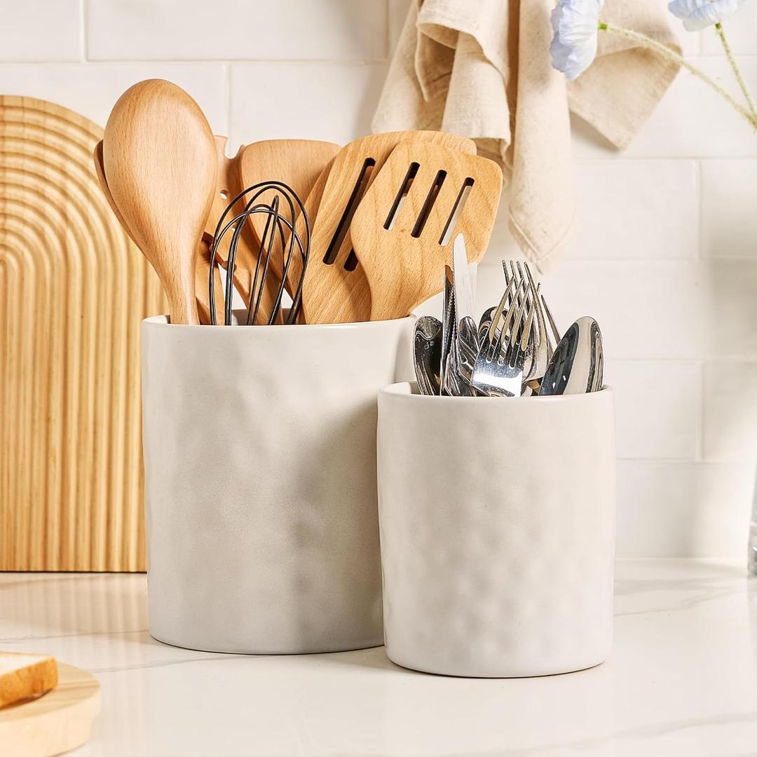 famiware Ocean Utensil Holder, 7.2"+5.8" Ceramic Kitchen Utensil Holder for Countertop, Cooking Utensil Crocks, Utensil Organizer for Spatula & Spoon, Kitchen Decor, Set of 2, Matte White