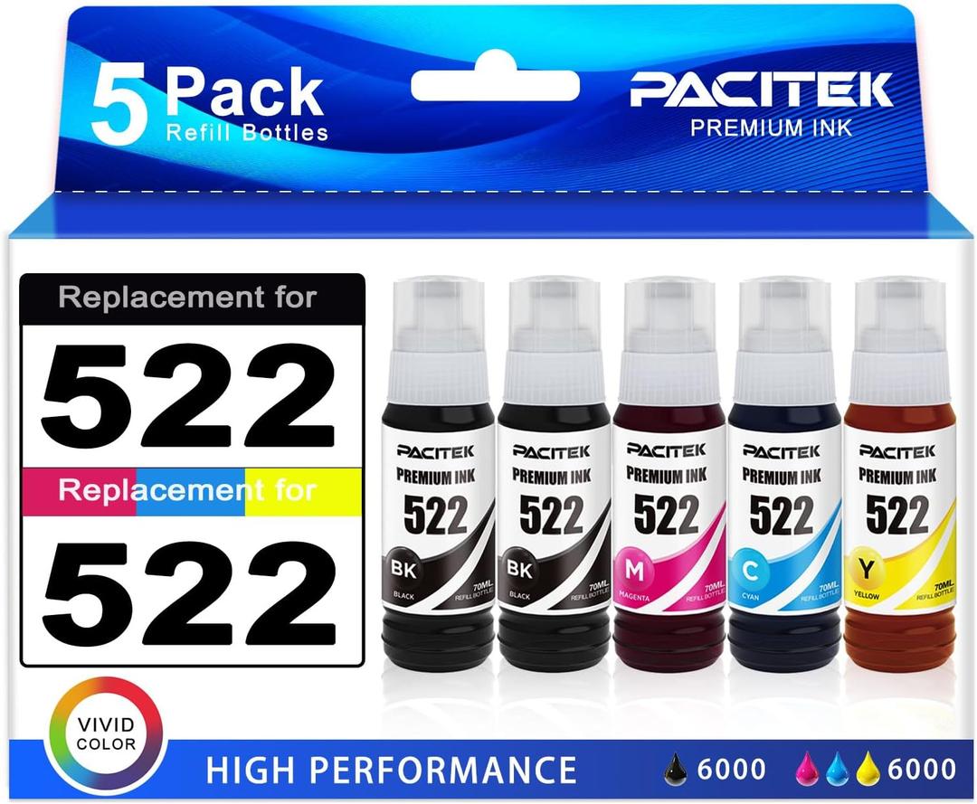 Ecotank ET-2800 Ink Refill Bottles Replacement for Epson 522 Ink Refill Bottles Work with Epson Ecotank ET-2800 ET-2803 ET-2720 ET-2840 ET-2400 (Not Sublimation Ink) 5 Bottles