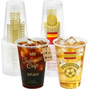 18 oz Champion Cup Salute To Spain, 2010 World Soccer Champion, 24-Count Disposable Plastic Party Cups, National Flag Themed for Fan Event Decorations Game-Day Festival