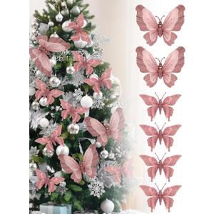 3D Glitter Christmas Butterfly Ornaments, 6 Pack Hanging Butterfly with Clip for Christmas Tree Decoration, Indoor Christmas Decoration (6, Pink)