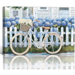 TIEHAOMAI Floral Bicycle Wall Art Bike with Flowers Paintings Blue Hydrangea Pictures Country Prints for Farmhouse DecorFloral-1,16x24inch (40x60cm)