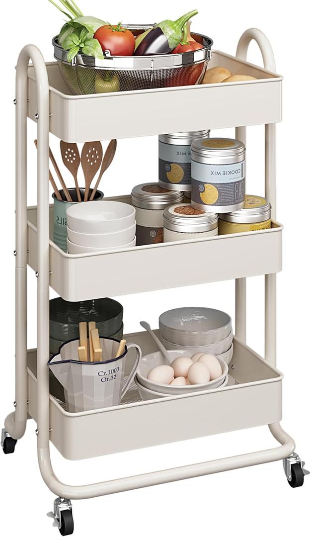MIOCASA 3-Tier Metal Utility Rolling Cart, Heavy Duty Multifunction Cart with Lockable Casters, Easy to Assemble, Suitable for Office, Bathroom, Kitchen, Garden