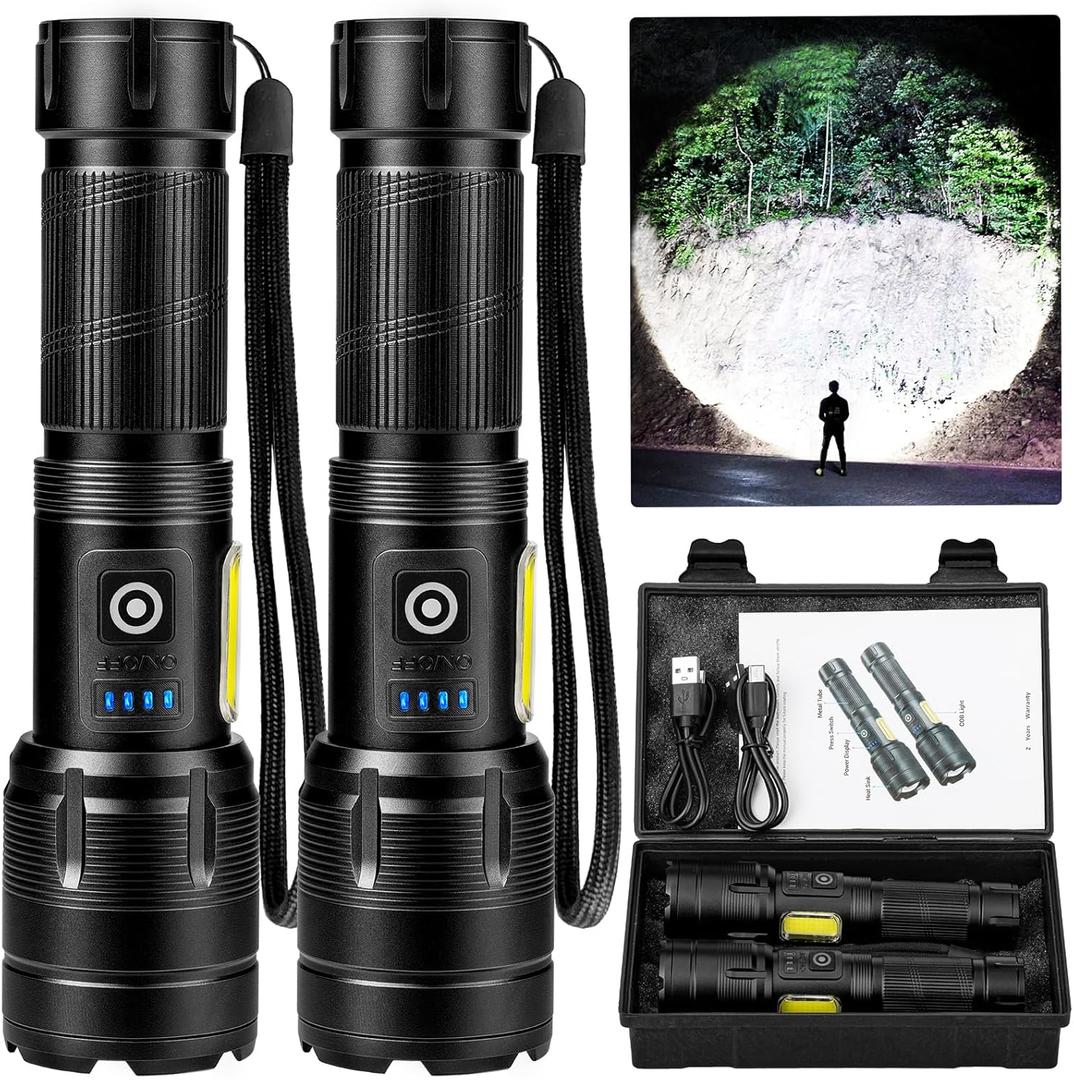 Rechargeable LED Flashlights High Lumen,90,000 Lumens Super Bright Flashlight,Powerful Flash Light 7 Modes with COB Work Light Waterproof for Home Outdoor Camping Hiking