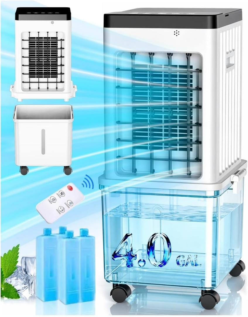 Evaporative Air Cooler with 4.0GAL Large Tank, Windowless Portable Swamp Cooler, 120 Oscillation, Ultra Quiet, 7H Timer, Remote Control, 24H Cooling Fan for Home Bedroom Garage