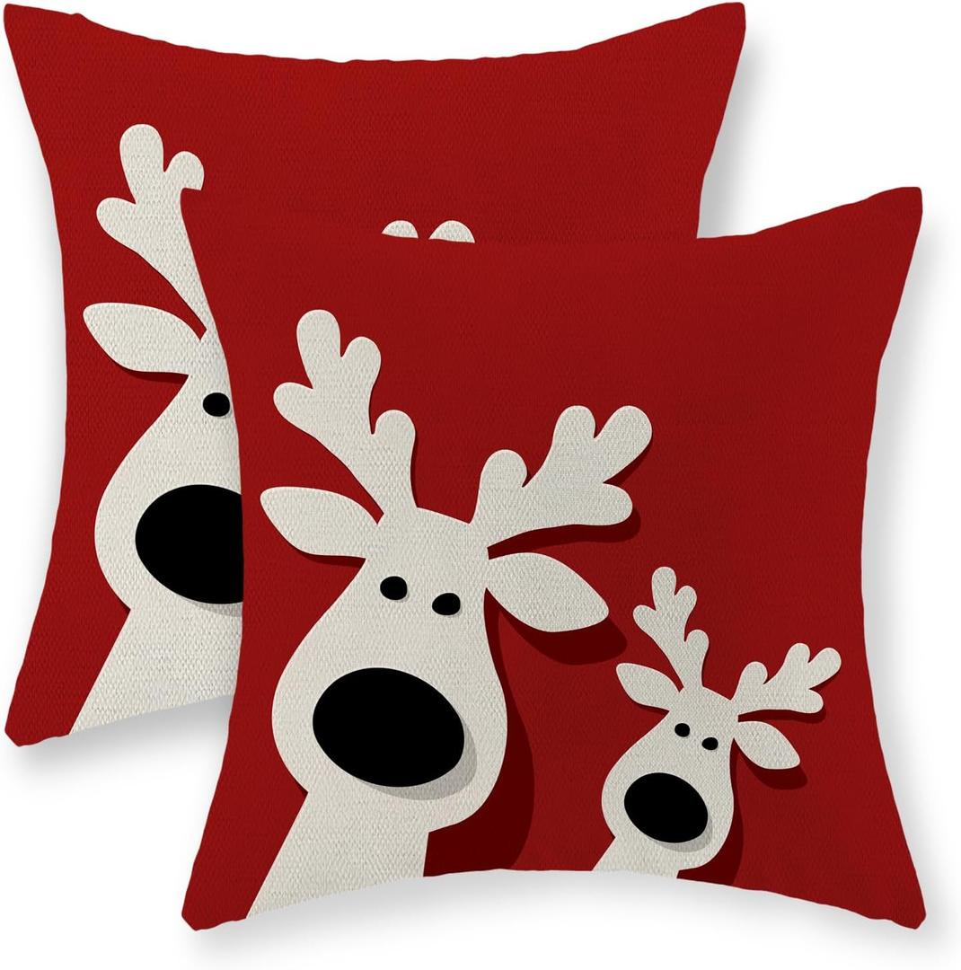 Christmas Pillow Covers 18x18 Set of 2 Christmas Decorations Linen Red Pillowcase Winter Elk Deer Christmas Throw Pillows Christmas Holiday Decor Outdoor Cushion Covers for Couch Home Decor