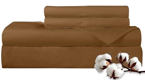 ROYALE LINENS 300 Thread Count 100% Long Staple Combed Cotton Sheet Set - 4 Piece Queen Bed Sheets - 1 Fitted, 1 Flat & 2 Pillow Cases - Soft Cool & Crisp Sheet Set (Queen, Chocolate)