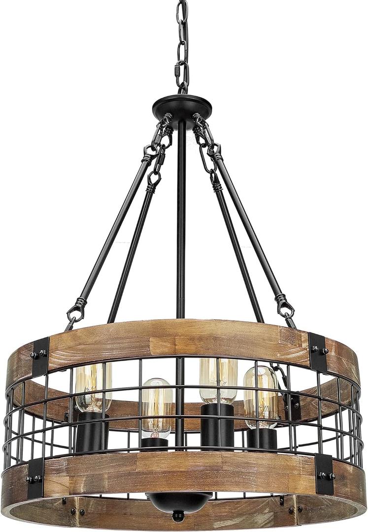 Farmhouse Rustic Chandelier Light Fixture, 4-Light Round Hanging Pendant Lighting for Dining Room Entryway Kitchen Island Foyer Breakfast Area, Black Wood and Black Metal Finish