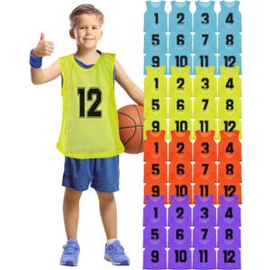 Suhine 48 Pcs Youth Pinnies - Mesh Basketball Team Practice Jersey - Numbered Soccer Scrimmage Vest for Sports (Cheerful Colors)