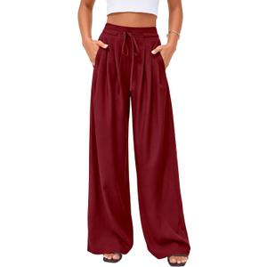PRETTYGARDEN Womens Spring Wide Leg Dress Pants Business Casual Work High Waist Baggy Tie Trousers Pleated Palazzo Slacks (Red, XXL)