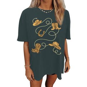 Womens Western Oversized Rodeo Shirt Country Music Tops Western Embroidery Graphic Tee Cowgirl Shirts (Large, Grey)