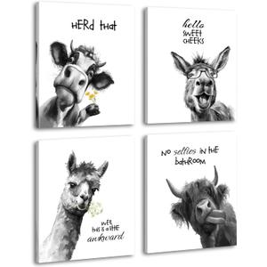 Funny Bathroom Decor Wall Art Print, Black and White Bathroom Highland Cow Donkey Art Prints,Funny Animal Bathroom Sign Bathroom Quotes Wall Decor Set of 4(8"x10"in)Framed Rustic Farmhouse Decoration