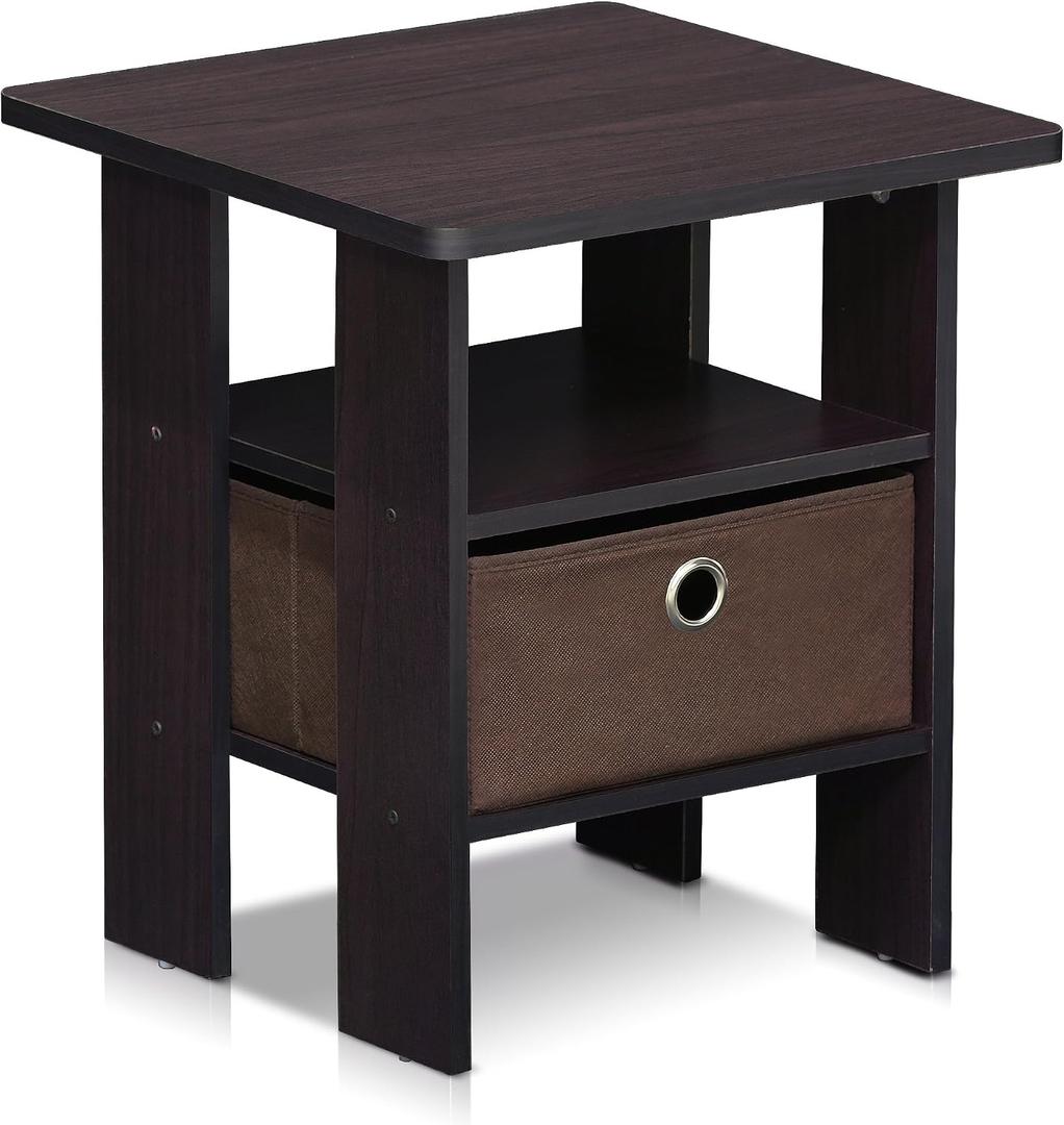 Furinno ANDREY Side Table, End Table, Night Stand with Open Shelves and Storage Bin, Bedside Table, for Living Room, Bedroom, Dark Walnut, 1-Pack, Center Bin
