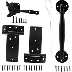 HOME MASTER HARDWARE Wood Gate Hardware Set - Heavy Duty 6in T Hinge & Self-Locking Gate Latch & Industrial Pipe Door Pull Handle 10 Inch with Screws for Outdoor Fence Swing Gate Black Finish