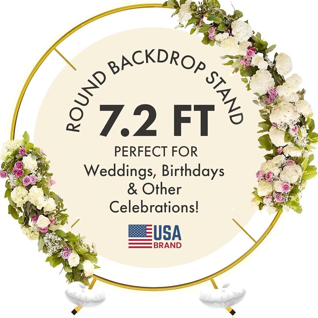 Round Backdrop Stand - Rust Free Iron Made 7.2 Ft Gold Circle Backdrop Stand for Parties, Arch for Balloons - Portable & Easy to Assemble Wedding Arch Frame - Sturdy & Stable, Handles Wind Outdoors