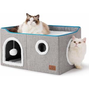 Bedsure Large Cat Beds for Indoor Cats - Extra Wide Cat Cube House for Small Pet with Fluffy Ball Hanging and Scratch Pad, Foldable Pet Cave Hideaway for Multiple Cats, 23.6x16.9x13 inches, Grey