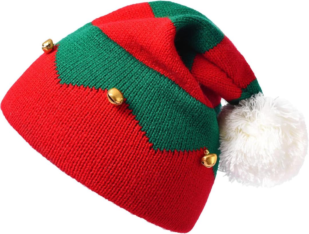 Women-Men-Christmas Elf Knitted Beanies-with Pompom Santa-Skull Cap (Red)