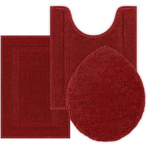 SHACOS Bathroom Rugs Sets 3 Piece with Toilet Lid Cover, Non Slip Absorbent Small Bath Mats 16"x24" U Shape Contour Mat Soft Microfiber Shaggy Machine Washable Christmas Bathroom Carpet (Red)