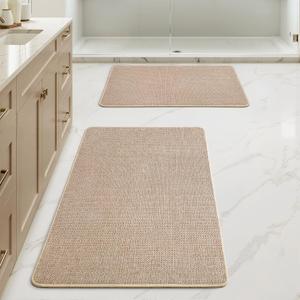 MIULEE Set of 2 Ultra Thin Bathroom Rugs, Rubber Bath Mats for Bathroom Non Slip, Quick Dry Absorbent Bath Rug Machine Washable, Fit Under Door, Shower, Sink, Home Decor, Beige, 17"x27"+20"x32" (L)