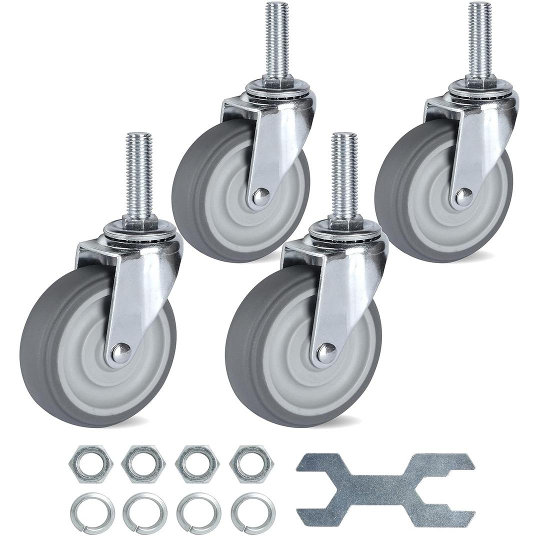 Finnhomy Caster Wheels 3 Inch Set of 4 Heavy Duty Threaded Stem Casters1/2-13x1-1/2 Swivel Rubber Industrial Castors Premium Wheels for Wire Shelving/Furniture/Carts Load Bearing 720 Lbs Gray