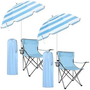 Anglechic 2 Pack Beach Chair with Umbrella for Adults Outdoor, Light Blue