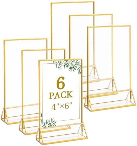 Floroom 6 Pack 4x6 Inch Clear Acrylic Sign Holders, Double-Sided Gold Display Stand Picture Frames for Table Numbers, Menus, Flyers, Weddings, and Offices