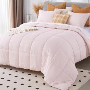 KASENTEX Queen Size Pink Comforter Set 3 Piece, Seersucker Breathable Fabric, Lightweight Fluffy Down Alternative, Box Stitch Quilting, All Season Machine Washable with 2 Pillow Shams