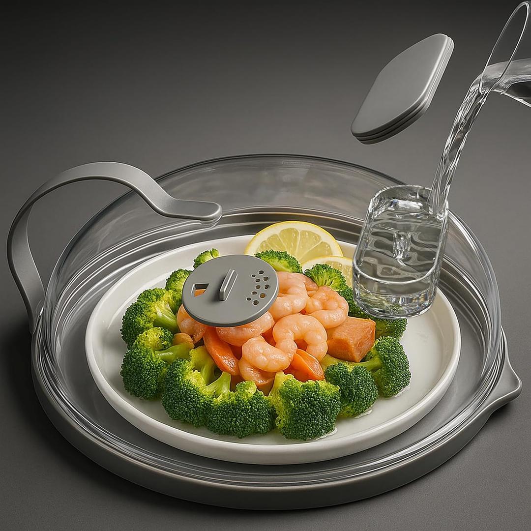 Microwave Splatter Cover with Water Steamer for Food - 10 Inch Steam Microwave Splatter Guard with Handle Plate Covers for Heating Food Splash Oven Lid with Built in Steamer (Grey)