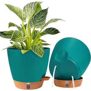 2 Pack 8 inch Plant Pots, Plastic Self Watering Planters with Drainage Holes, Deep Reservoir, Water Level Indicator, Modern Decorative Flower Pots for Indoor Outdoor Plants (Turquoise)