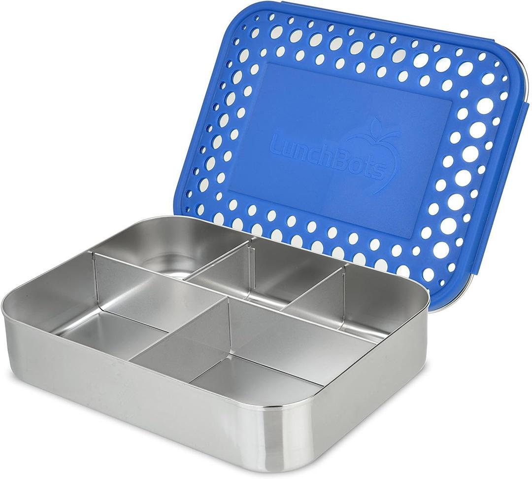 LunchBots Large Cinco Stainless Steel Lunch Container - Five Section Design Holds a Variety of Foods - Metal Bento Box - Dishwasher Safe - Stainless Lid - Blue Dots