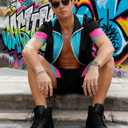 UOUA 80s Outfit for Men 90s Color Block Costumes 2 Piece Retro Short Sleeve Jacket & Shorts Set for Party (M)