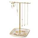 pickpiff Necklace Holder Stand with Ceramic Base: 12" Jewelry Tree Display Organizer for Necklaces, Bracelets, Rings, Earrings, Tall Gold Stand for Women, Aesthetic Room Décor, Gold and White