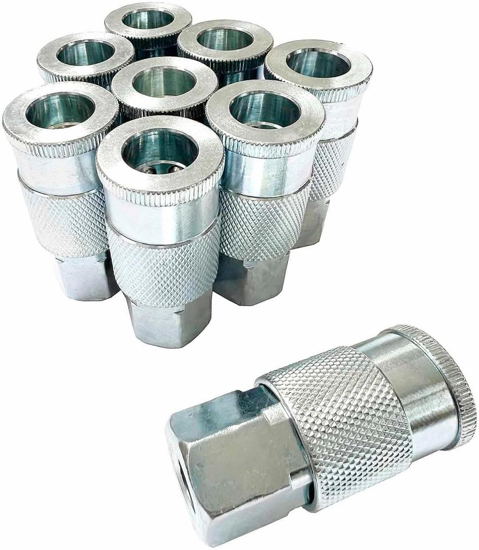 SANFU 3/8 High Flow Air Fittings, 3/8 Inch Flow Size, Industrial M-Type Coupler, 1/4 Inch Female Threads Size, Steel Material, 300PSI, 9 Pieces Air Compressor Accessories Fittings