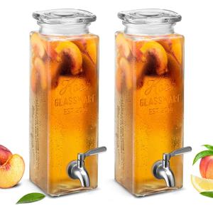 Kook Glass Drink Dispenser, with Leak-Proof Stainless Steel Spigot, Clear Rectangular Mason Jar, Beverage Storage for Fridge, for Water, Iced Tea, Sangria, Lemonade, 80 oz (2)