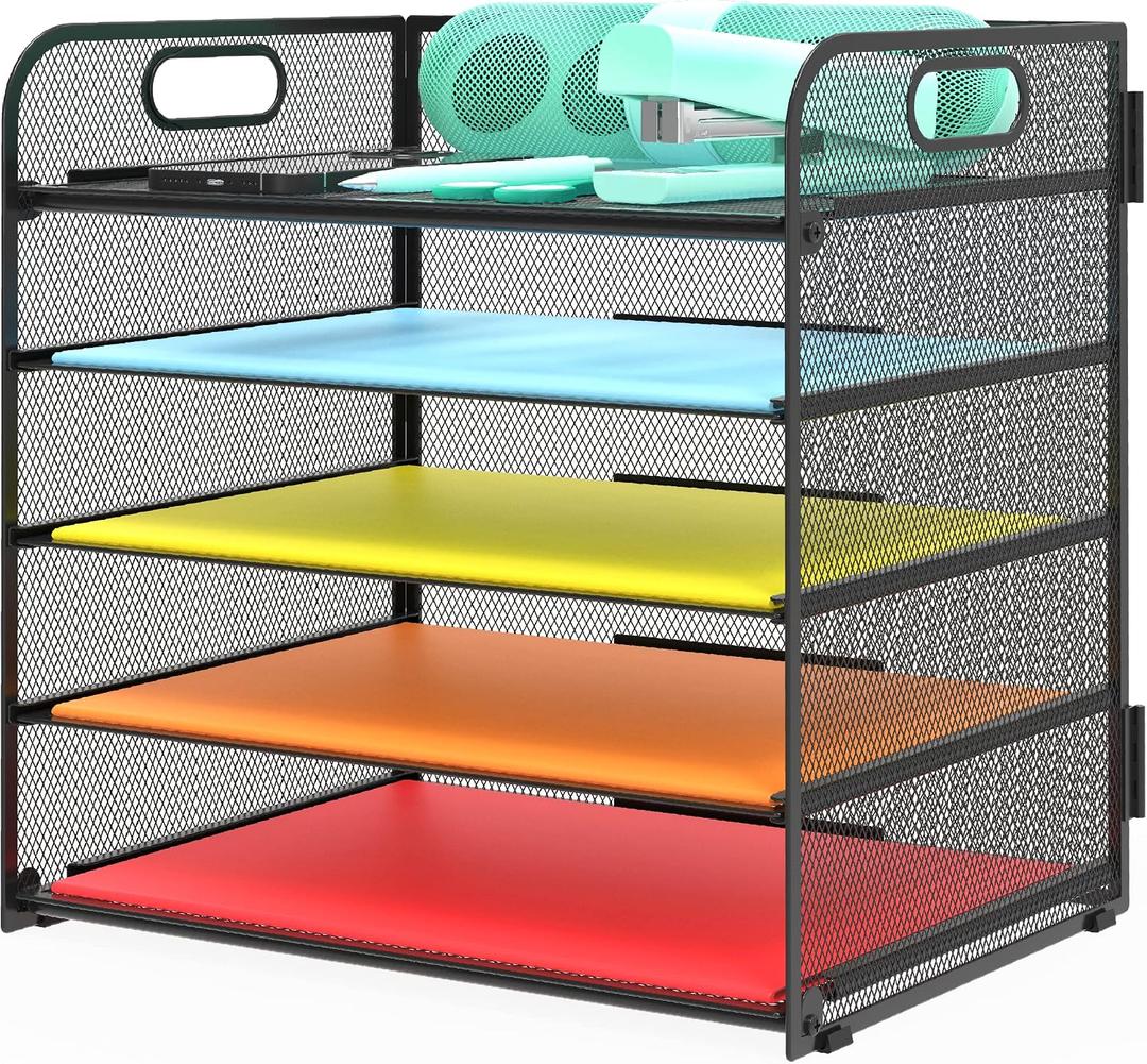 Letter Tray Paper Organizer 5-Tier Desk Organizer File Organizer Paper Holder with Handle, Metal Desktop Document Shelf Tray Office Classroom Organization - Black